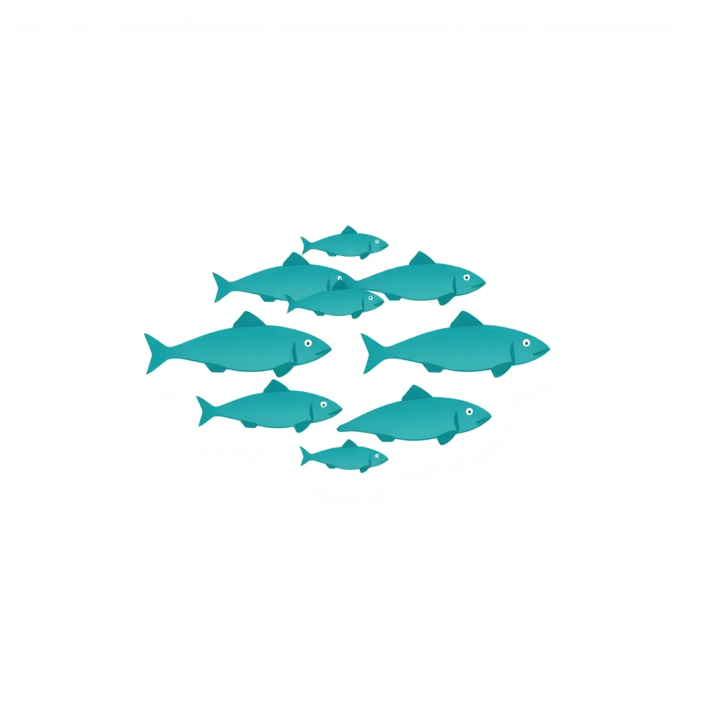 AI image: Minimal flat illustration of a shoal of teal fish forming an arrow, white background, logo style