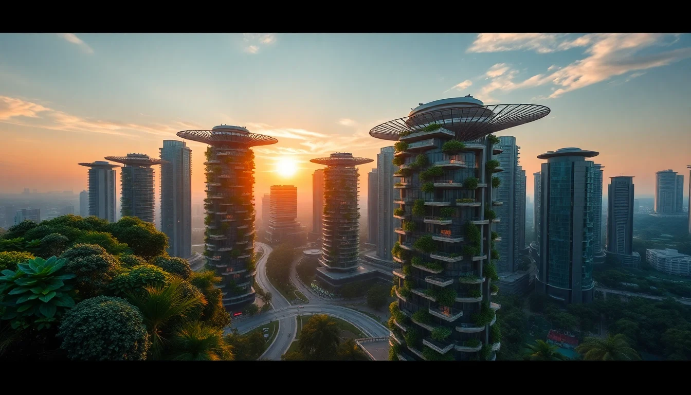 AI image: Futuristic eco city with vertical gardens at sunrise, cinematic wide shot